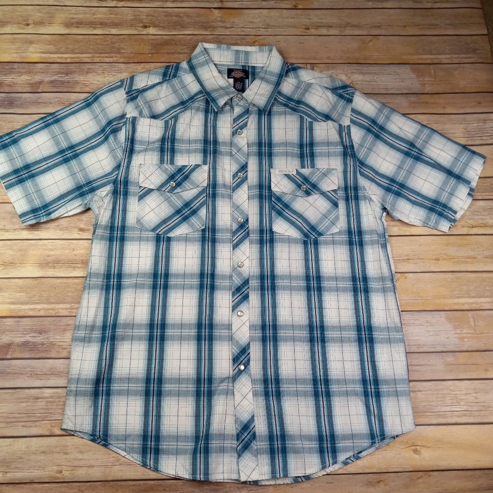 Dickies 2XL Western Plaid Pearl Snap Short Sleeve Shirt Blue White